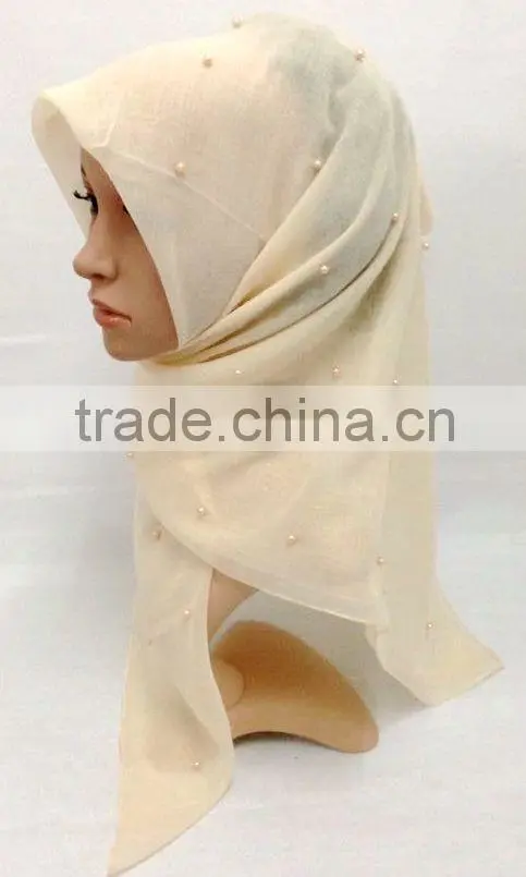 SJ007 New voile pearl 110*110cm muslim square scarf
