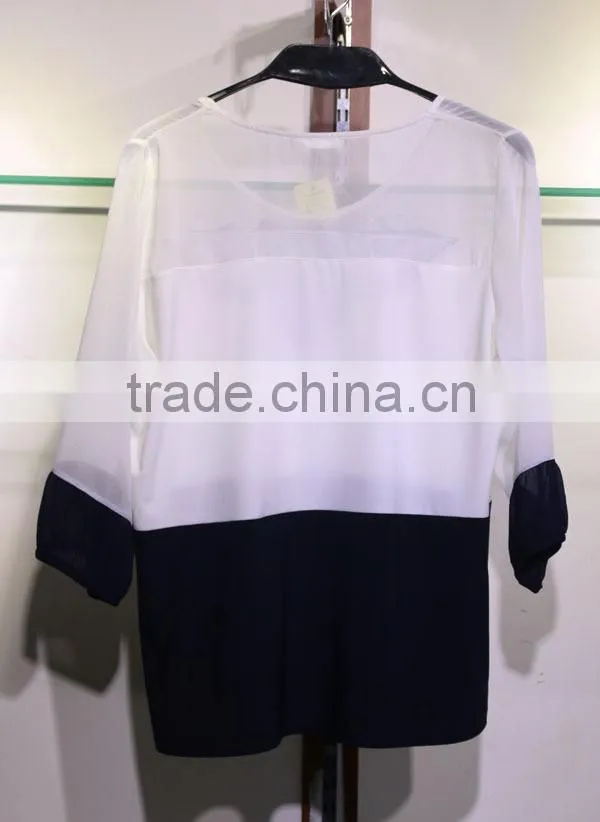 White and black 3/4 sleeve chiffon blouse pull over round neckline for fat women