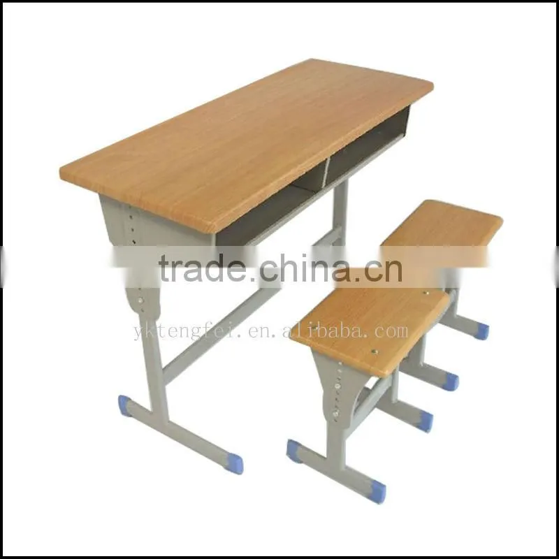 Adjustable double school desk and stool set, moulded pressing table