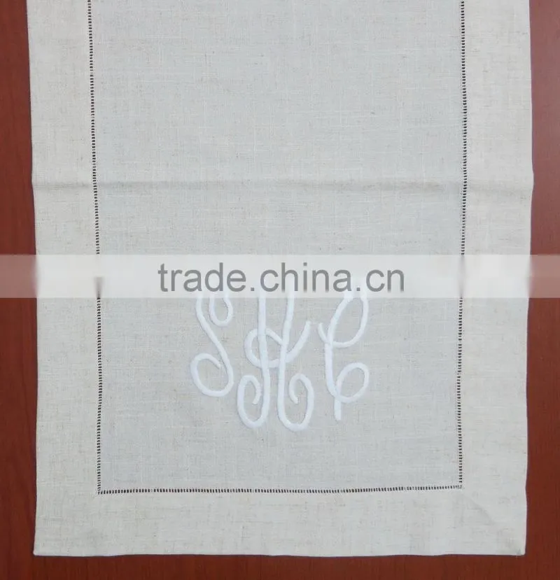 Monogram beige linen table runner