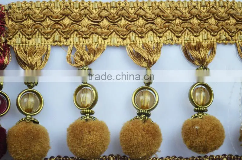 decoration fashion tassel fringe for curtain,polyester curtain pom pom tassel fringe