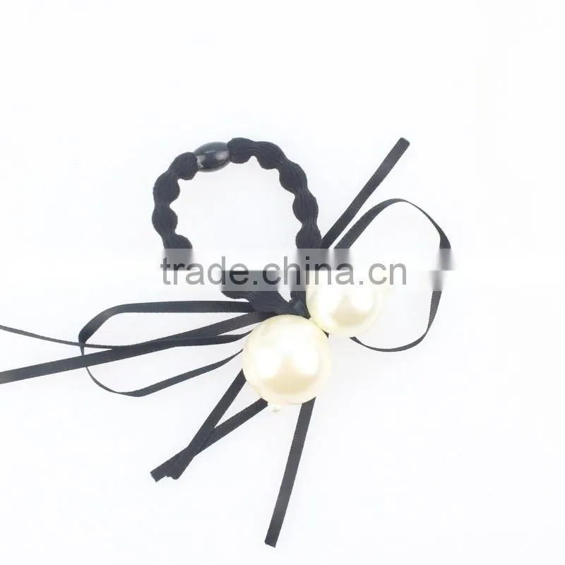 Fashion women girls big pearl beaded silk ribbon hair elastic band