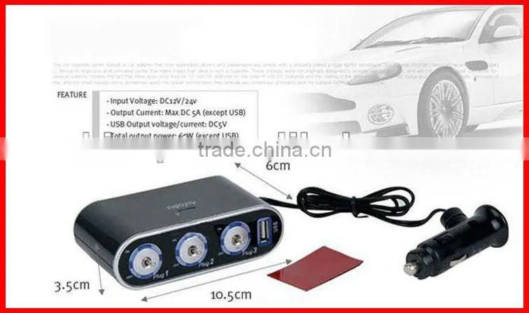 3-Way Car Cigarette Lighter Socket Splitter with Switch&USB