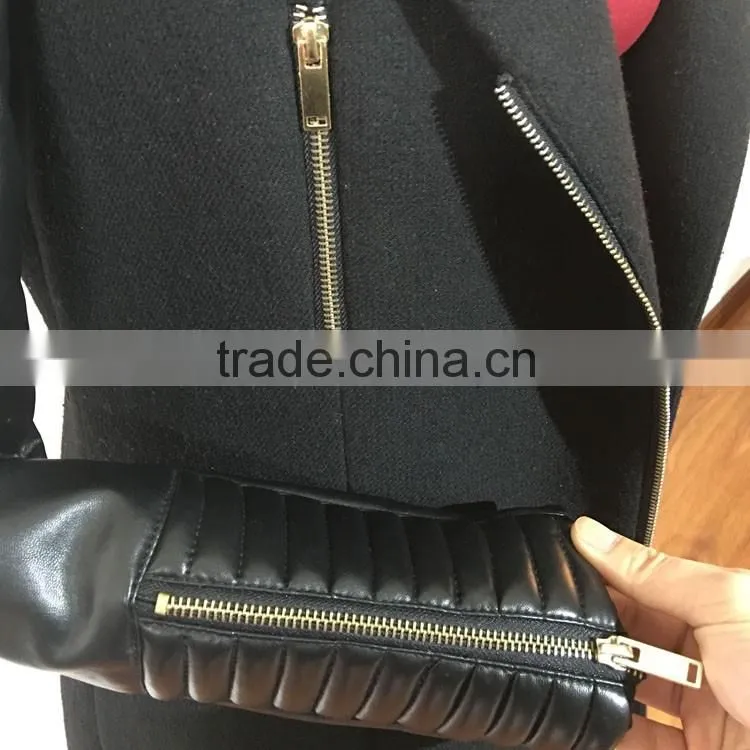 2016AW woolen garment customized woman's fashion long biker coats embroidered PU sleeve