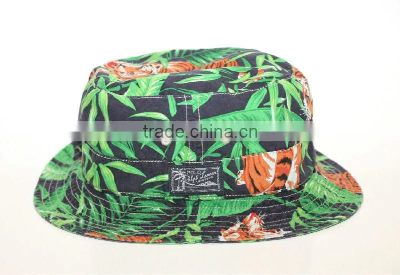 full printed cheap bucket hats forest leaves tiger print pattern pretty green bucket hat