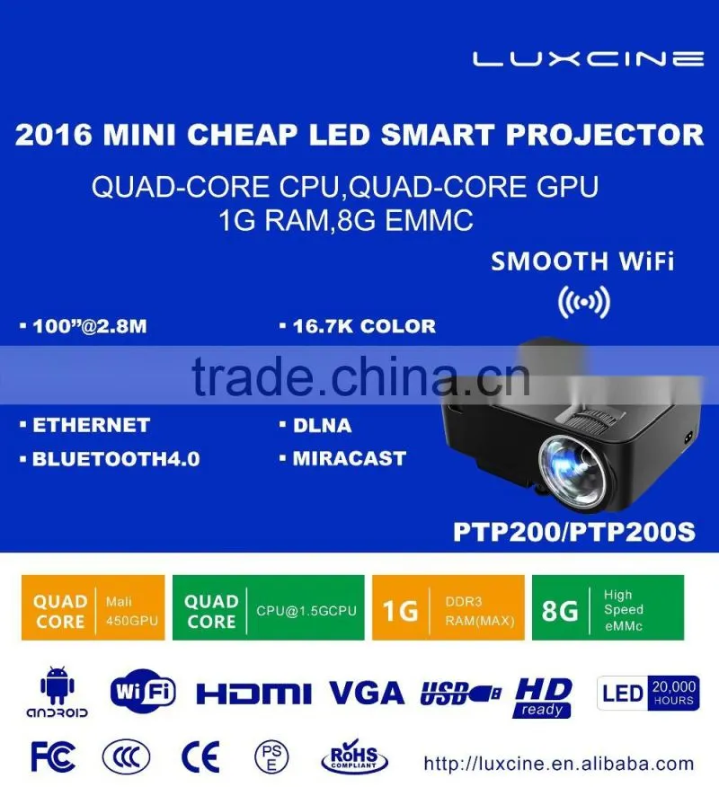 New arrival! PTP200S Android 4.4.2 HD LED small LCD Projector with Miracast WiFi Bluetooth 4.0 Bluray beamer