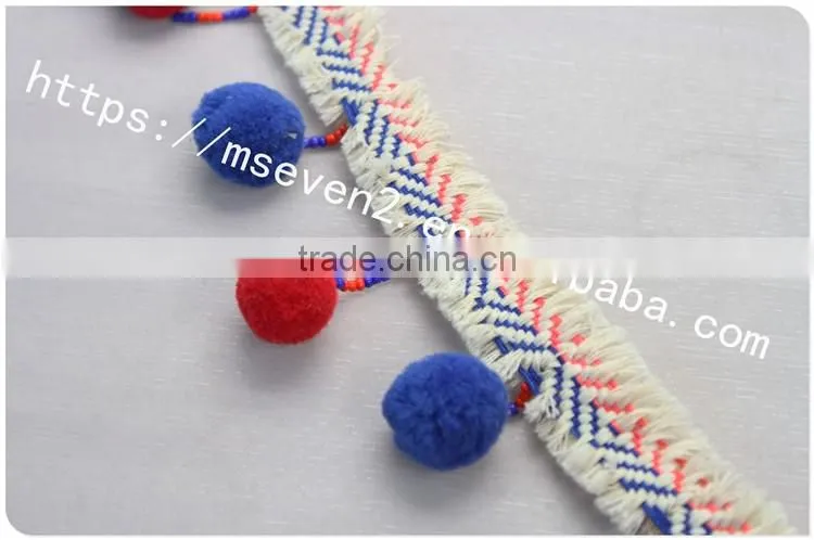 Newest arrival colorful 6.5cm width handmade cotton pom pom lace trims