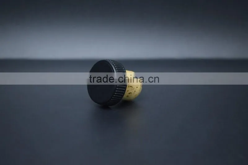 Black plastic cap with wood cork glass bottle T-shape stopper