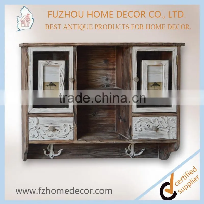 Wooden hexagon wall shelf with metal mesh /chrome wire shadow box