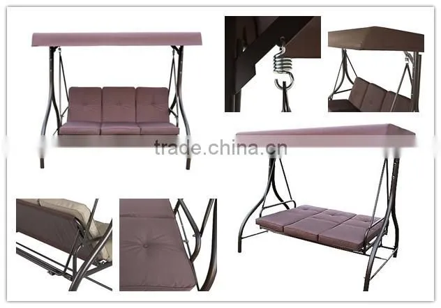 Colorful 3 seats red patio hanging chair outdoor swing chair with 7cm cushion for hot sale