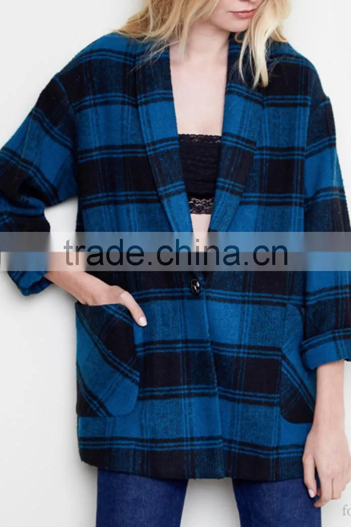 No Zipper Classic Women Winter Jacket 100% Polyetser Plaid Woven Flannel Boxy Jacket