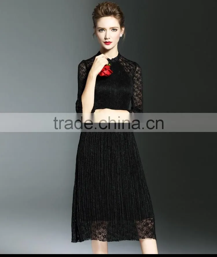 Elegant lady lace hollow out embroidery A-line pleated fold lace dress