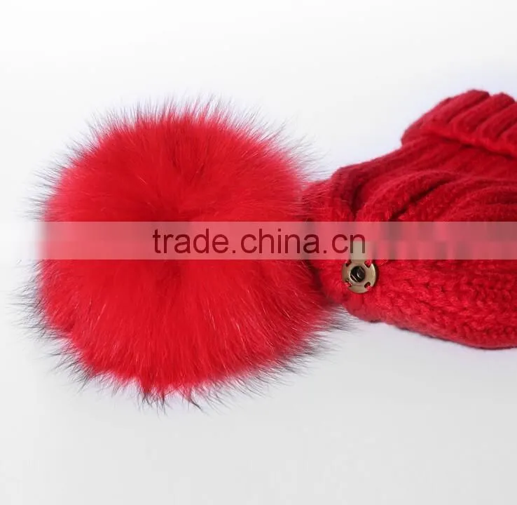 Adult Lady Fox Fur Pom Pom Crochet Warm Black Winter Knitted Hats Cap For Women Perfect Valentine's Day Gift
