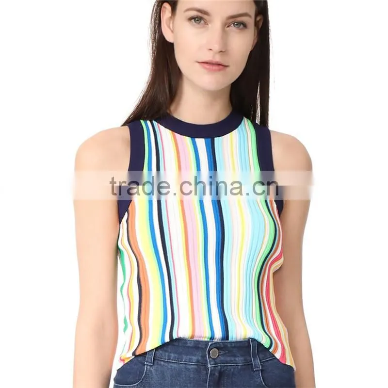 2017 OEM Sleeveless Rich Texture Rainbow Vertical Striped Blouse