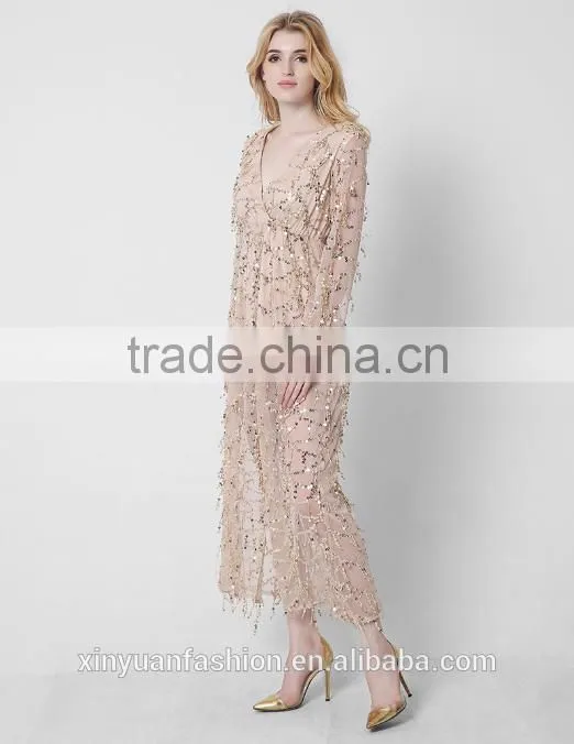 New long sleeves deep V sexy dress net yarn tassel sequins pictures of long skirts ladies formal skirt and blouse