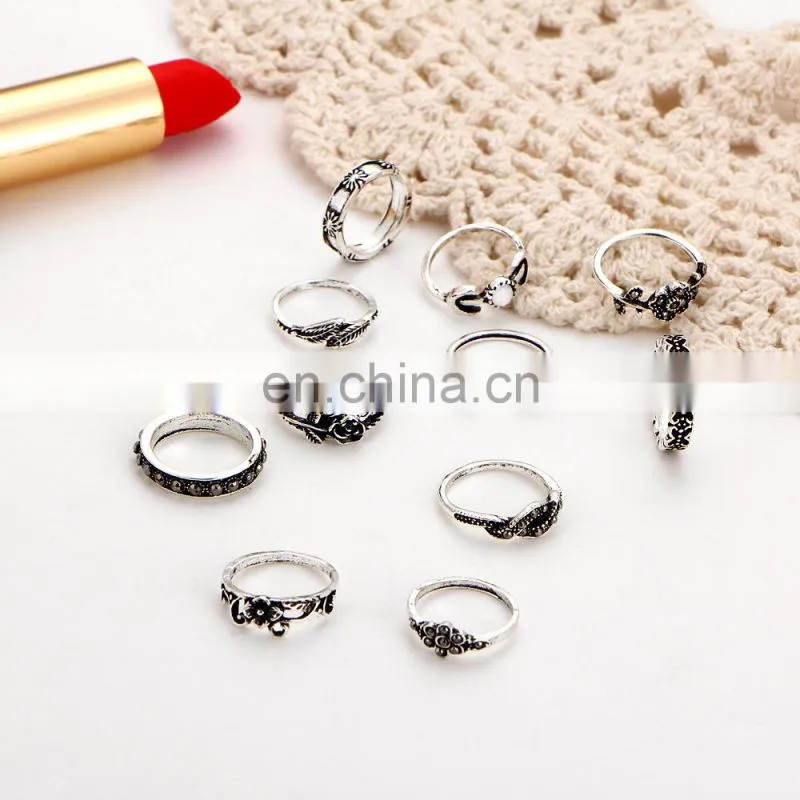 11pcs/set Retro Bohemia Rose Bouquet Jade Flower Totem Knuckle Midi Finger Stacking Ring Jewelry Ring Sets