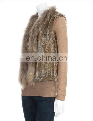 3152-NB# Knitted Rabbit Fur Cropped Vest With Raccoon Dog Fur Collar, QUALITY SUPPLIER/OEM/ODM