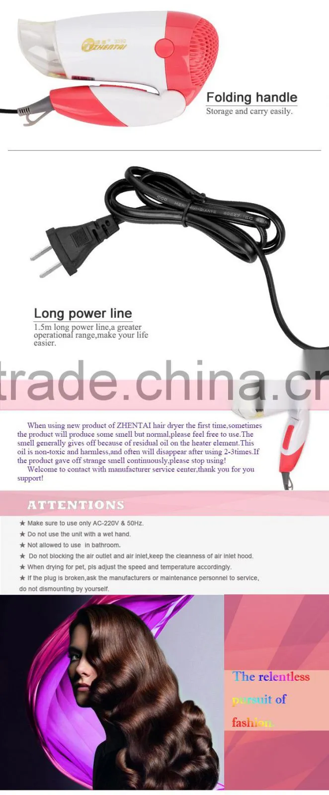 Swivel Power Cord Hair Dryer Silent Hair Blow Dryer Mini Hair Dryer