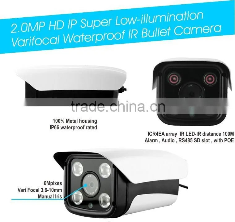 H.264 or H.265 video coding 2.0MP Sony CMOS HD IP Super low-illumination Vari focal outside adjust IR Bullet CCTV Camera