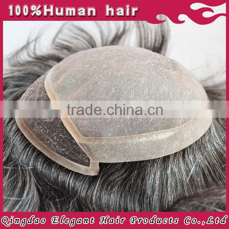 Elegant hair wholesale super quality middle-aged men hair invisible knots toupee with gray hair