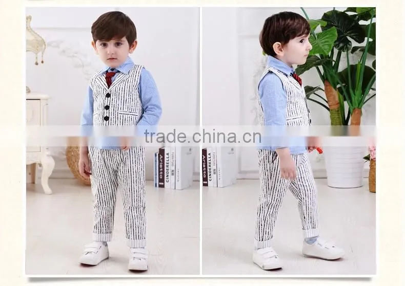 2016 Wholesale New arrival British gray Striped vest three-piece baby boy set plaid shirt with tie baby boy clothes suit