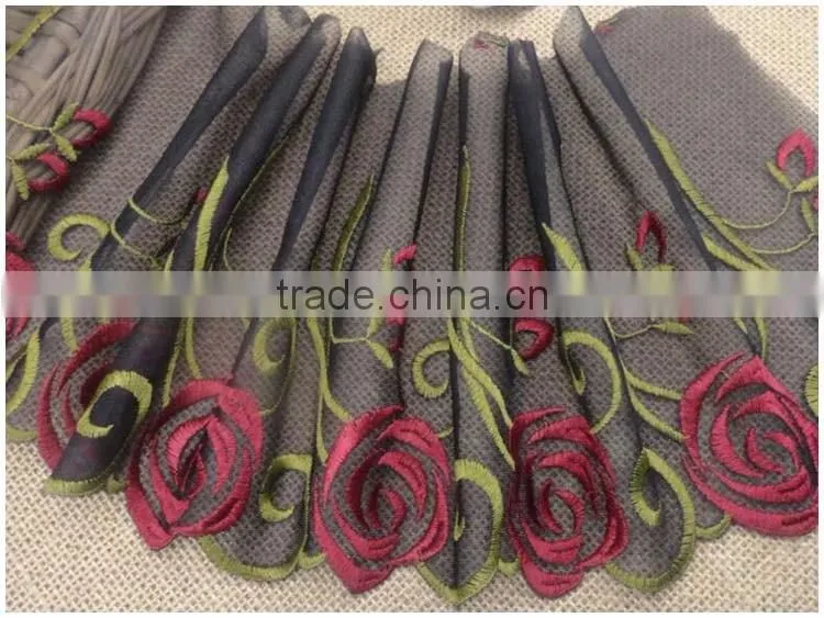 China Manufacture 2016 New Wide 6.3" Net Cloth Non-strech Big Rose Flower Embroideried Nylon Warp Knitted embroidery lace fabric