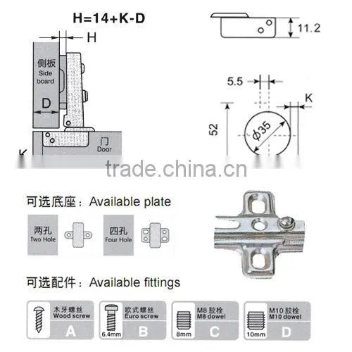One way slide-on cabinets hinges