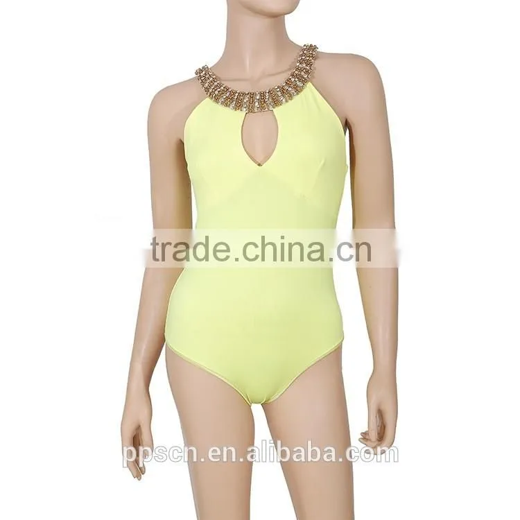 OEM Hot Selling Wholesale beaded yellow color One Piece Playsuit jumpsuit for women 2016