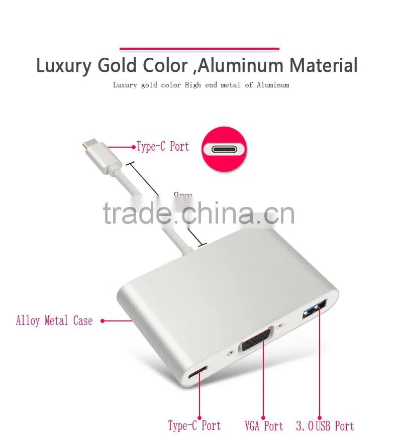 2016 new arrival 3 in 1 USB Type C adapter to VGA and 3.0USB port