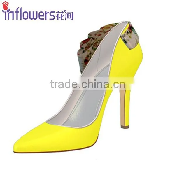 Yellow patent leather with back bowtie pointed toe women high heel shoes