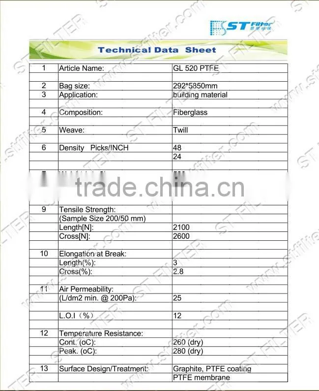 fiberglass with PTFE membrane filter bag,Dia292*4800mm