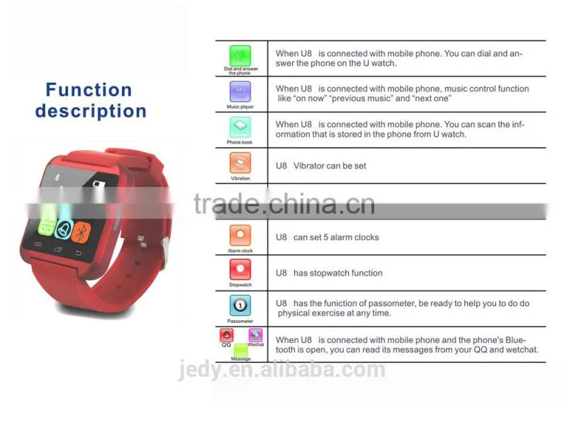 Smart watch with 1.48'' TFT display U8 Bluetooth smart watch 2015 for android and IOS phones