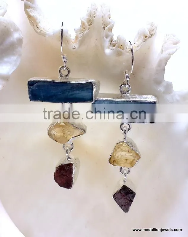 Green Kyanite Multi Stone Rough Gemstone Earrings, 925 Solid Sterling Silver Earrings, Dangle Designer Raw Earrings