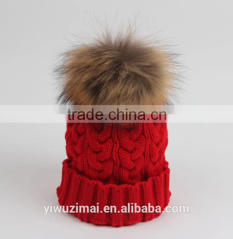 2015 new designed women raccoon fur ball twist wool hat ladies fashion winter knitted warm hats