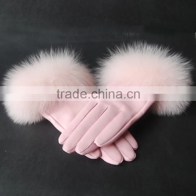 Warm New Design Gloves Sheepskin Short Women Mittens Fox Fur Top Quality