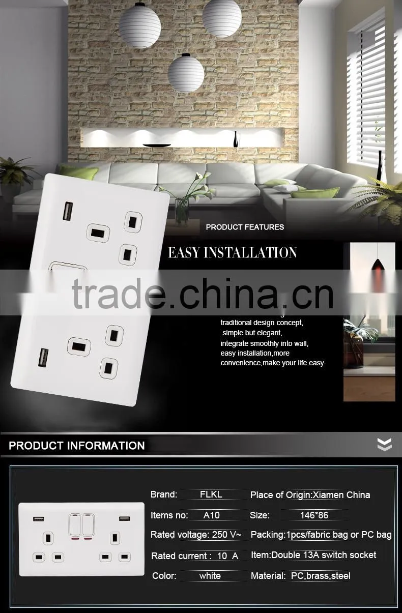 British standard 13a multi double 3 pin 2 gang wall switch socket with 2 usb outlet