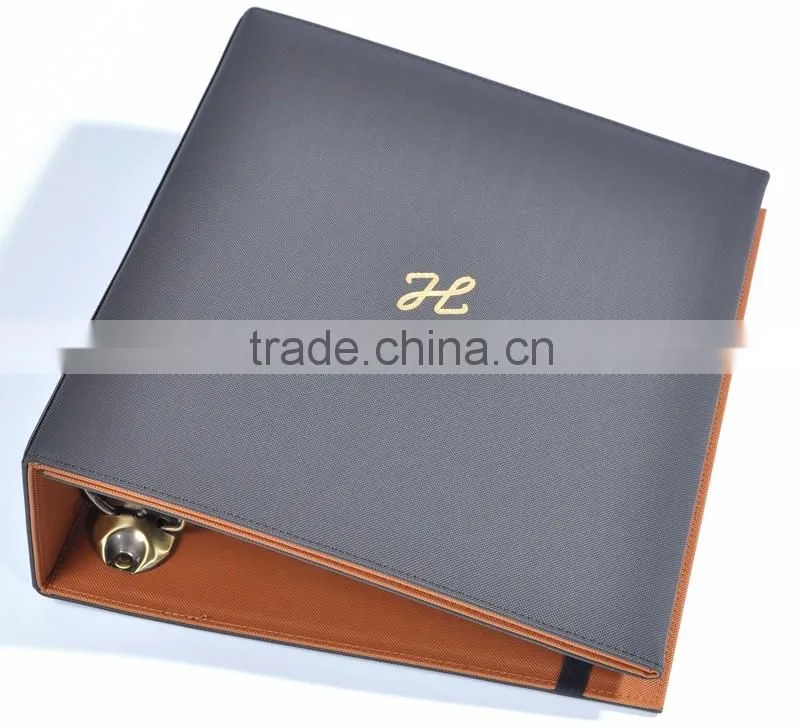 Three fold leather file folder with metal D ring binder and elastic band