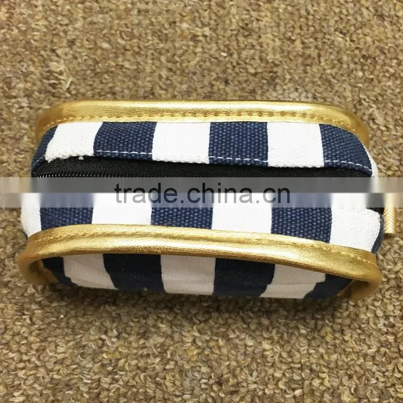 Blue Stripe Printing Cotton Canvas Zipper Pouch Make Up Clutch Bag With Gold Edge