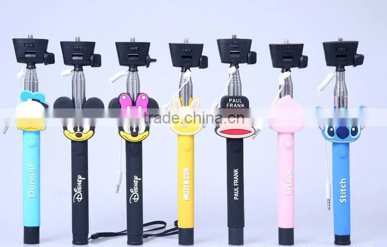 selfie stick with audio cable flexible cartoon camera monopod wired