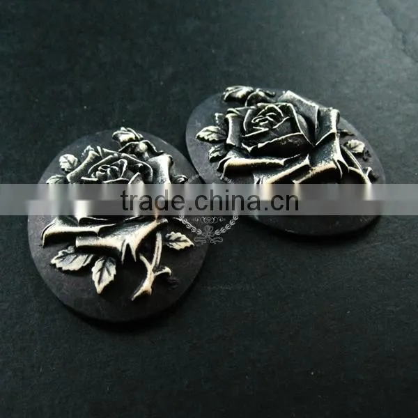 30x40mm oval dark resin rose black cameo vintage style cabochon DIY pendant charm supplies 4120073