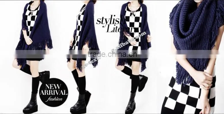 100% acrylic navy shawl/capelet with tassel for lady