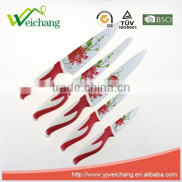 WCE569 5 pcs set Kitchen Knives colorful non-stick blade rubber with PP handles , hot sale