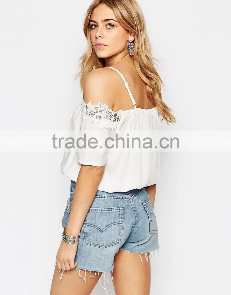 2016 Latest Off Shoulder Lace Trim Crochet Top HST8008