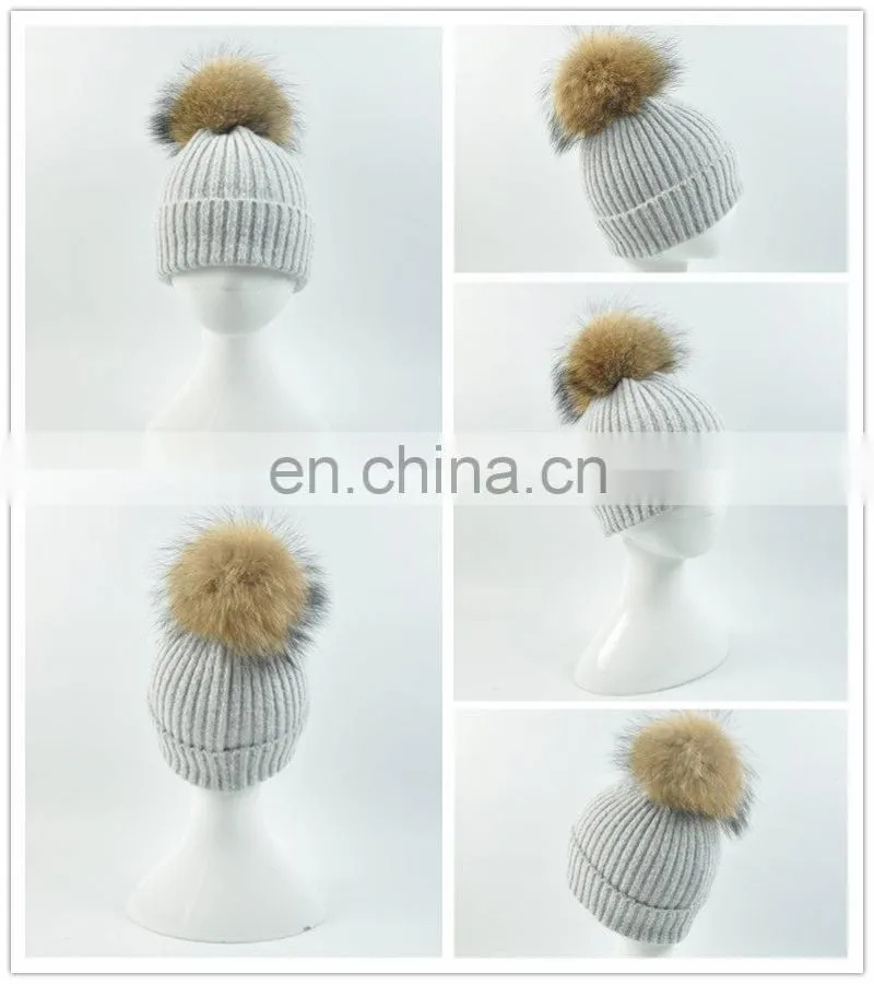 Kids Funny Hat With Big Genuine Raccoon Fur Ball Winter Knit Hat Baby Crochet