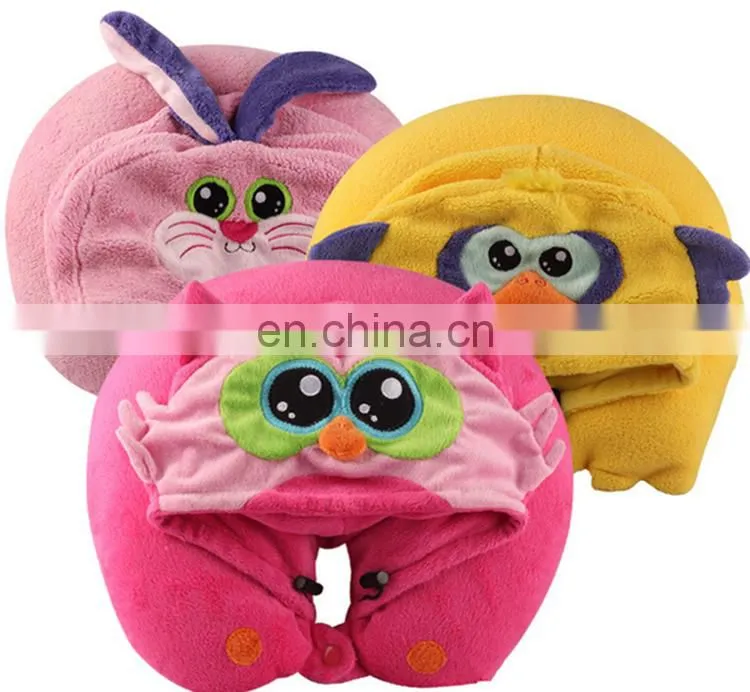 Various u cushion promotion u shaped neck pillow with hat custom cute soft plush animal design rest travel neck pillow