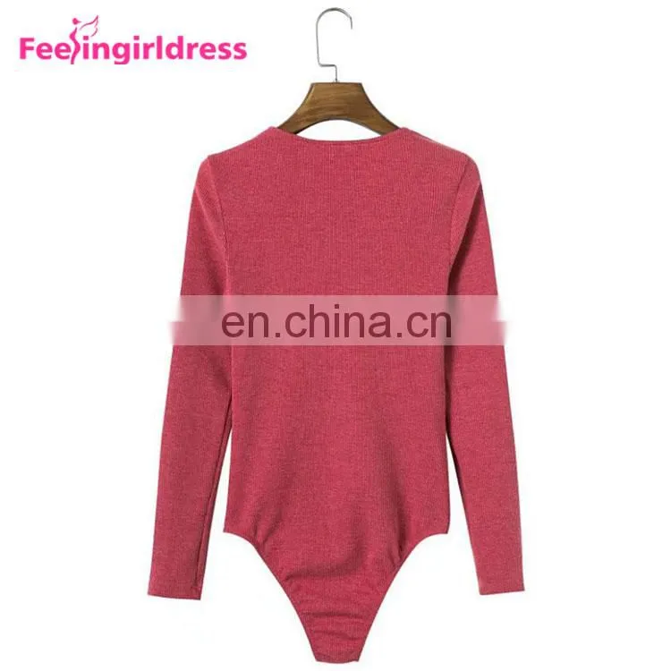 Latest Design Big Stock Dark Red Knitting Bodysuit Long Sleeves Women Sexy Jumpsuits Rompers