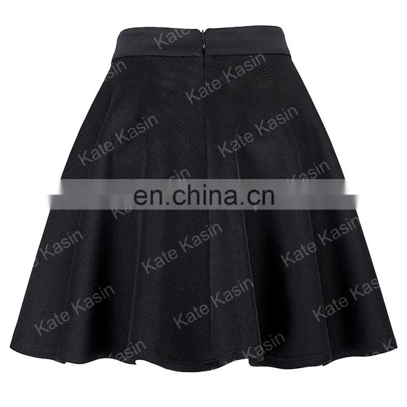 Kate Kasin Stock Womens Basic Black Stretchy Flared Skirt A-Line Skirt KK000665-1