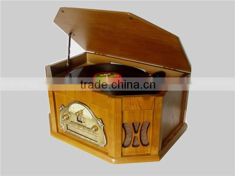 Back to 60s-Style! Wooden Gramophone&Multi Turntable&Jukebox Records with AUX Input/CD Player/AM,FM Radio/Cassette