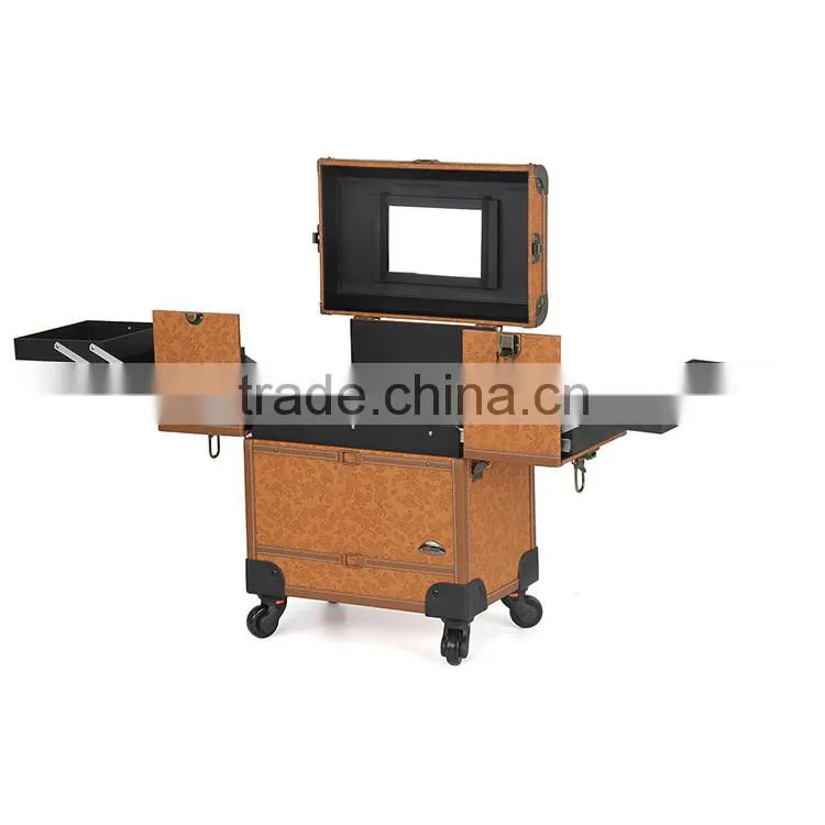 Beautiful high quality makeup case trolley cosmetic bag with mirror