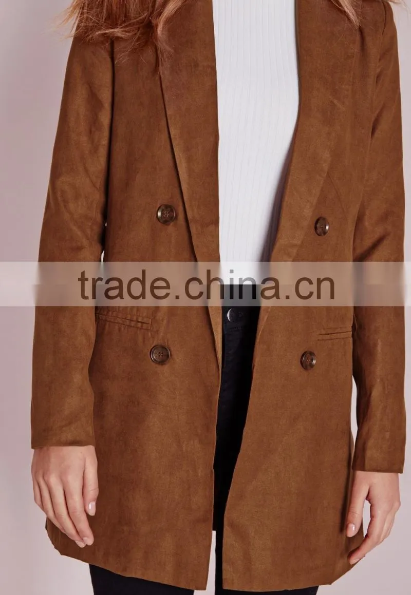 2015 Women Winter Long Faux Suede Double Breasted Blazer
